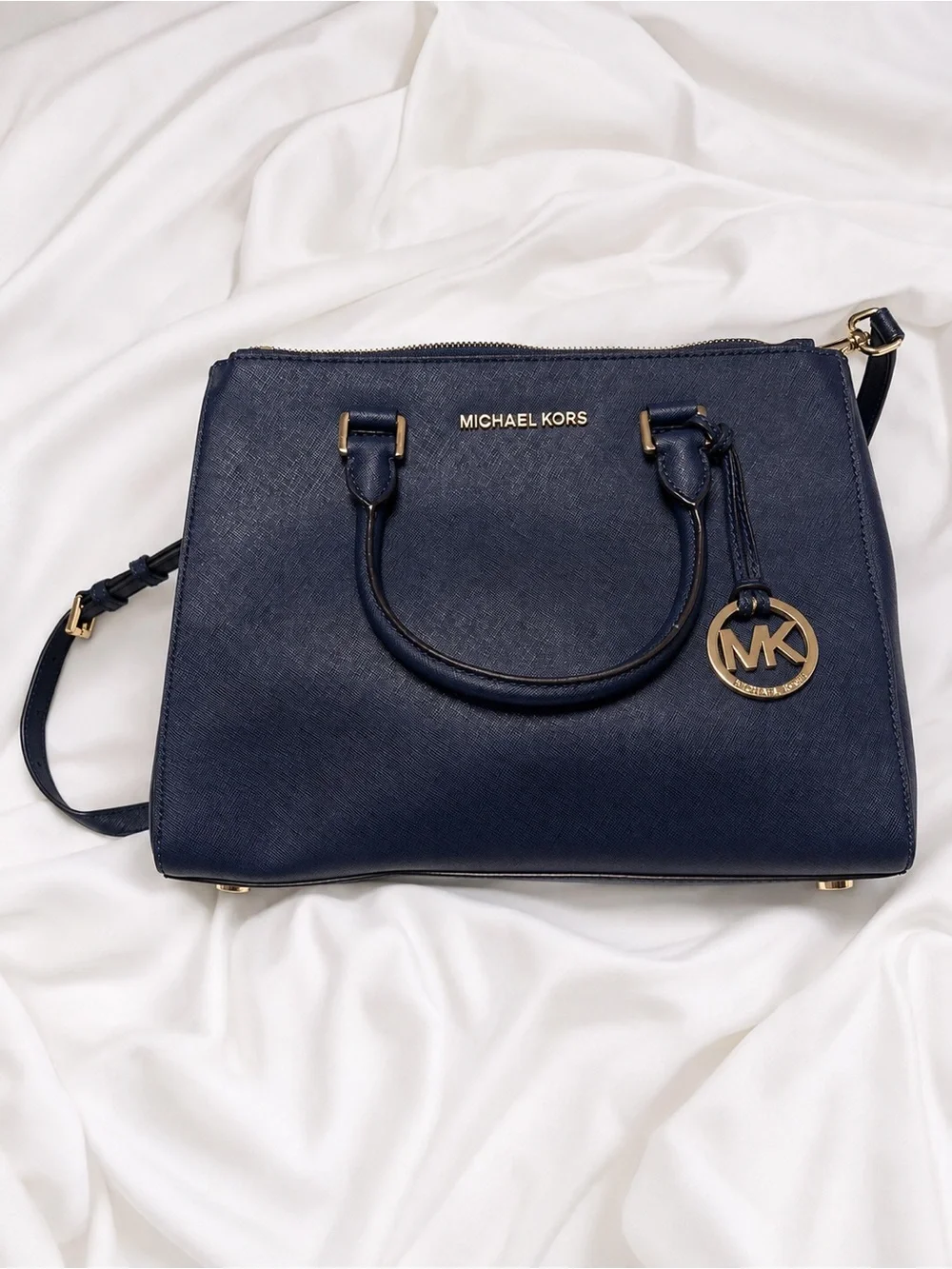 Michael Kors Navy Saffiano Satchel with Gold MK Charm